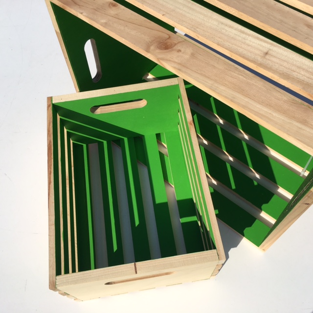 CRATE, Slatted - Green (Large 42x56x38cm H) or CRA0042 - CRATE, Slatted - Green (Small 30x40x20cm H)